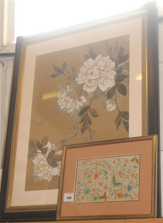 Japanese silk-embroidered panel with butterflies, bird and peonies & a Chinese watercolour of flowering magnolia